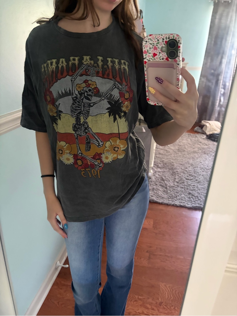 Billabong Skeleton Graphic Tee in Washed Black with Sunset Colors